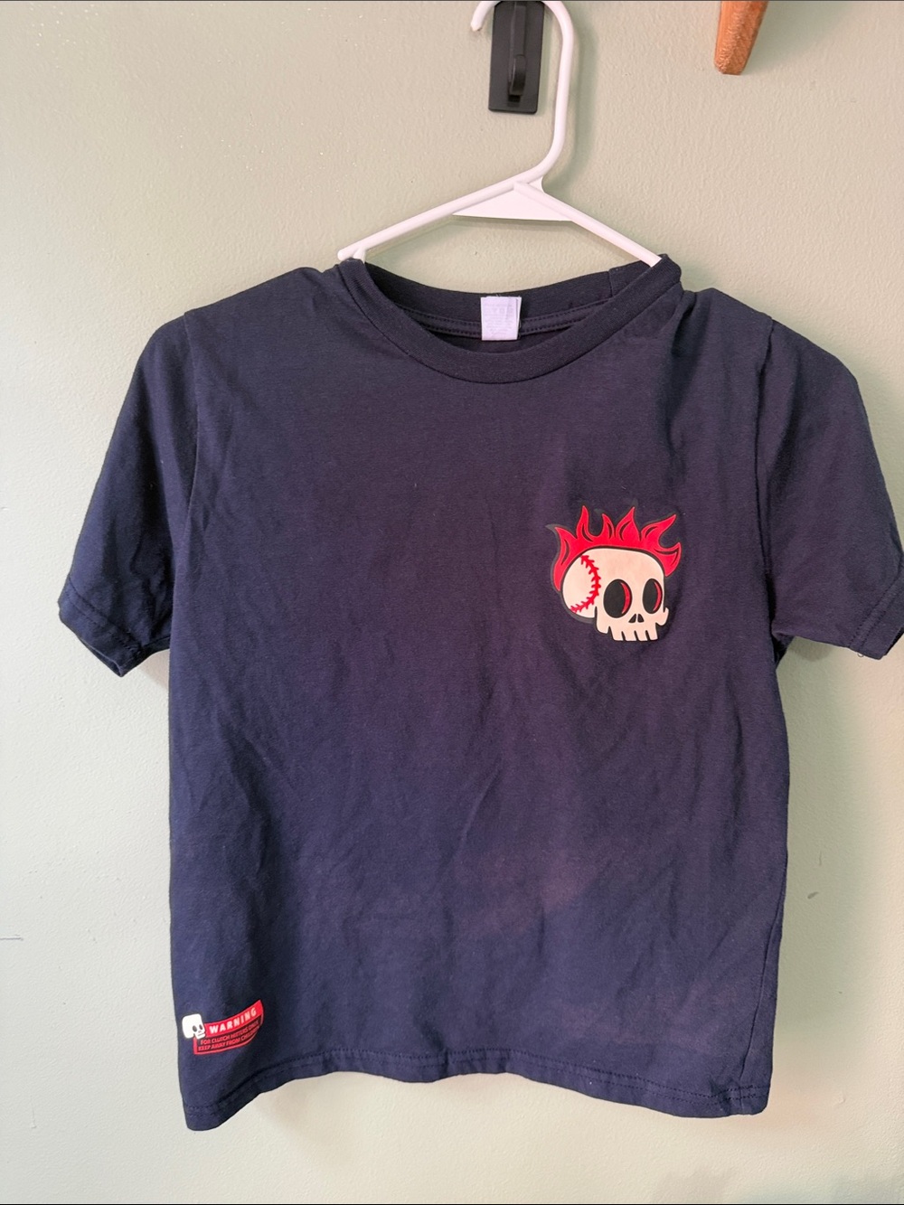 Kids Short Sleeve Navy Graphic Tee with Flaming Skull Baseball
